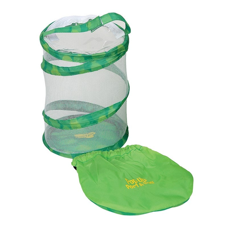 Small, 8-inch tall, green pop-up mesh habitat with green storage case. 